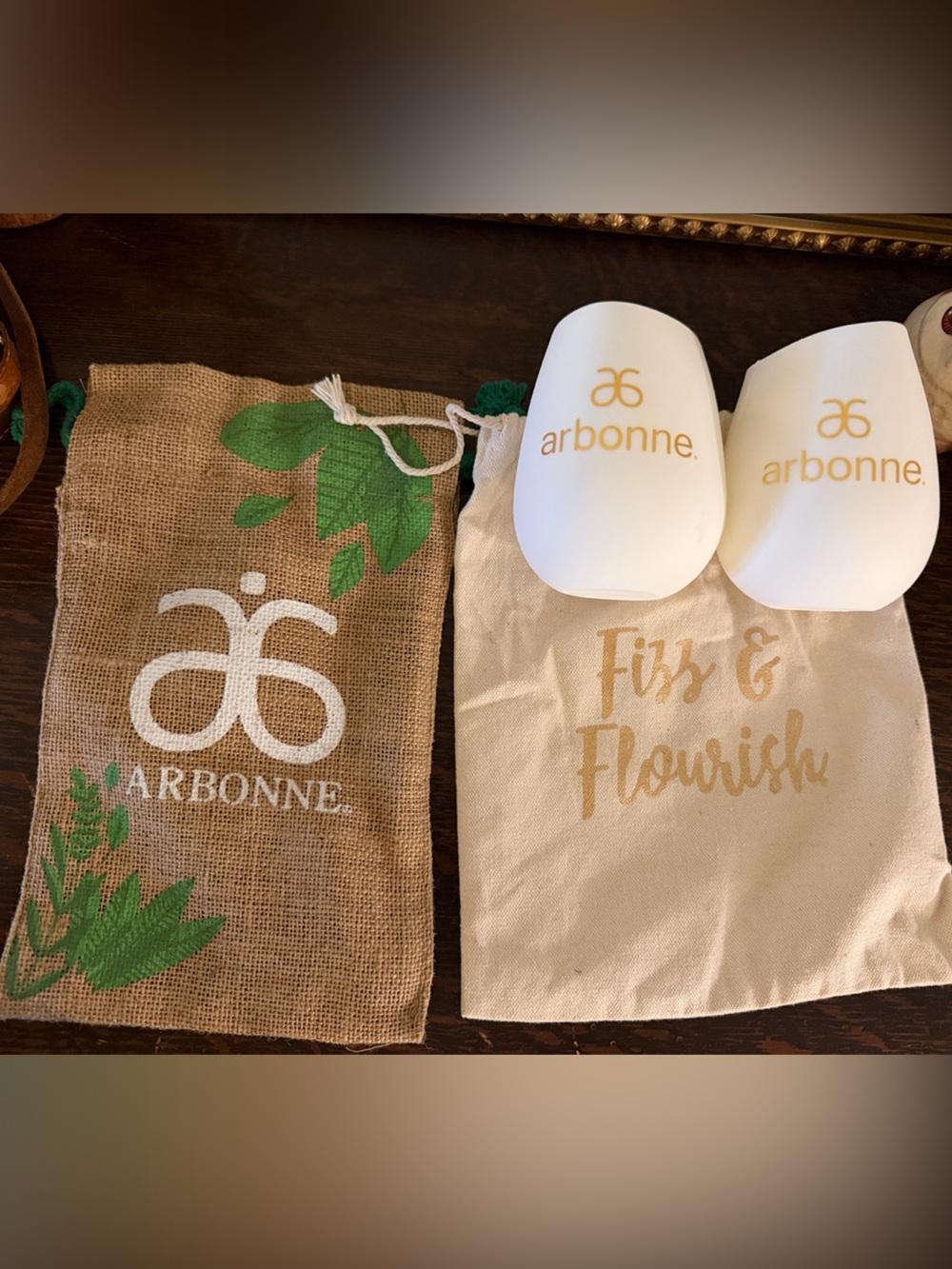 Arbonne White Cups with Gold Logo and Branded Pouches